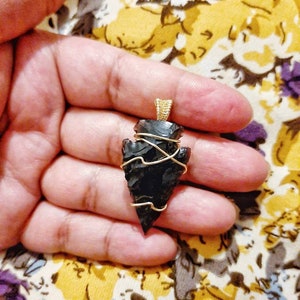 Gold Plated Tarnish Resistant Copper Wire Wrapped Wire Weaved Black Obsidian Arrowhead Pendant Necklace - Gold Colored Copper Pendant