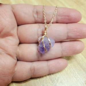 Raw Amethyst Backbone Wire Wrapped Gold Plated Pendant Necklace - Purple Gemstone Crystal Jewelry Simple Minimalistic Unique Handmade