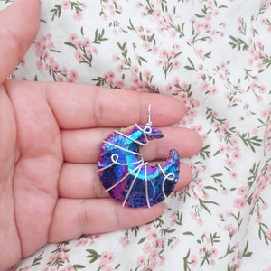 Angel Aura Quartz Moon Pendant Handmade Wire Wrapped Necklace Celestial Statement Jewelry Silver Plated Crescent Handmade Unique
