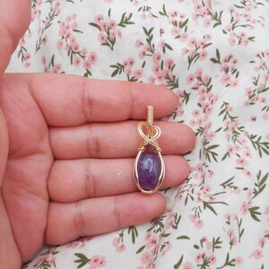 Gold Plated Amethyst Wire Wrapped Necklace - Amethyst Pendant - Crystal Healing - Gold Plated Dainty Elegant Swirl Jewelry - Purple Gemstone