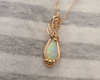 Opal Necklace Handmade Wire Wrapped Dainty Jewelry October Birthstone Gift Pendant Unique 14K Gold Filled Crystal Handmade Statement