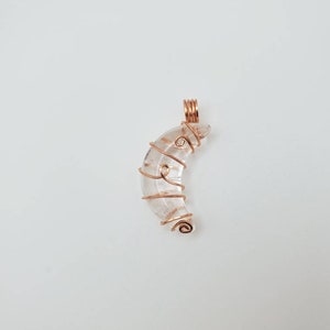 Clear Quartz Crescent Moon Pendant Handmade Wire Wrapped Celestial Necklace 14K Rose Gold Filled Jewelry Gift Unique Swirly Dainty Statement