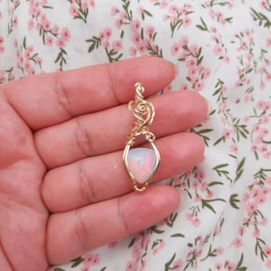 Jelly Opal 3.5 Carat Elegant Swirly Wire Wrapped Necklace Pendant - October Birthstone Jewelry - 14K Gold Filled Opal Necklace - Libra