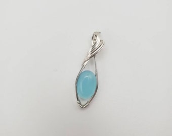 Solid .925 Sterling Silver Blue Chalcedony Necklace - Wire Wrapped Blue Chalcedony Pendant - Dainty Silver Pendant - Minimalistic Necklace