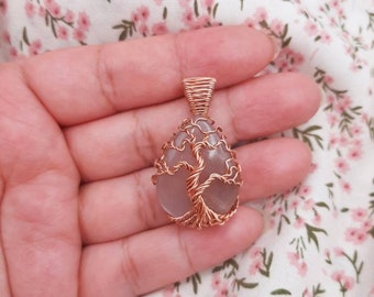 Solid Copper Peach Moonstone Tree of Life Pendant Necklace - Wire Wrapped Weaved Statement Piece - Silky Moonstone Pendant