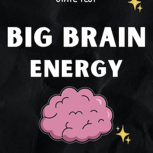 Op de afbeelding: Zwarte achtergrond met witte tekst die "STATE TEST" bovenaan en "BIG BRAIN ENERGY" in grote letters weergeeft. Een roze hersengrafiek staat in het midden, met de woorden "SO PROUD!" onderaan. Gouden sterrenburst-graphics in de hoeken.