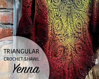 YENNA - un châle au crochet fleuri vert et rouge avec de la laine mérinos