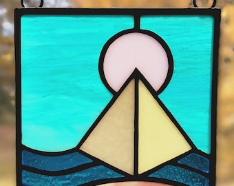 Stained glass pyramid suncatcher | pyramids | glass art | art glass | home decor | aqua | pink sun | unique gift | window hanging | wall art