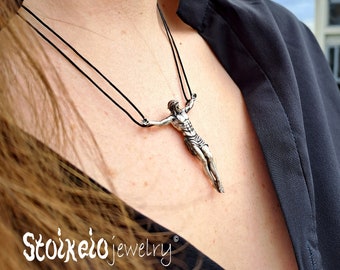 Jesus Christ Crucifixion, Jesus Cross Jewelry, Sterling SIlver, Jesus Corpus Necklace, Faith Necklace for Him for Her