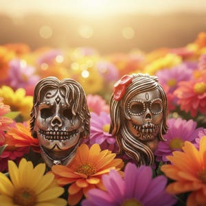 May include: Two silver Day of the Dead skull figurines with intricate details, set amidst a vibrant array of colorful flowers. One skull has a red bow. The skulls are surrounded by pink, orange, and yellow flowers, creating a festive and decorative scene.