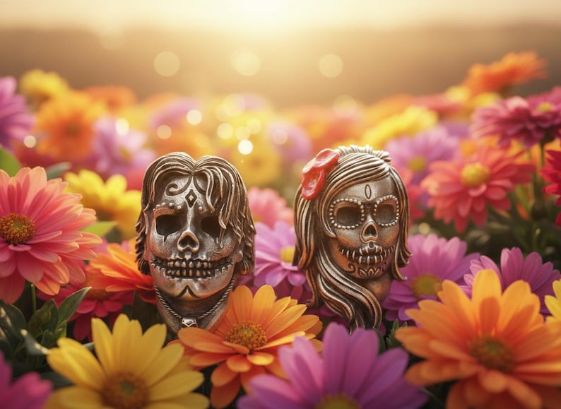 May include: Two silver Day of the Dead skull figurines with intricate details, set amidst a vibrant array of colorful flowers. One skull has a red bow. The skulls are surrounded by pink, orange, and yellow flowers, creating a festive and decorative scene.
