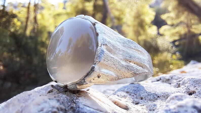 Beige Moonstone Ring, Sterling Silver Raw Textured Ring, Hand Sculpted Band image 5