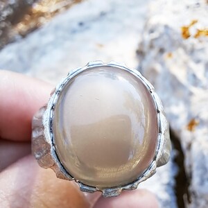 Beige Moonstone Ring, Sterling Silver Raw Textured Ring, Hand Sculpted Band image 3