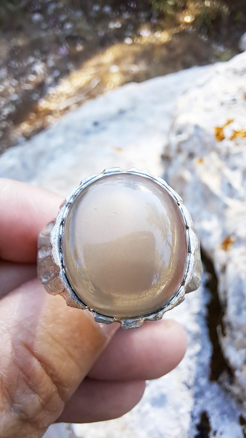 Beige Moonstone Ring, Sterling Silver Raw Textured Ring, Hand Sculpted Band image 3
