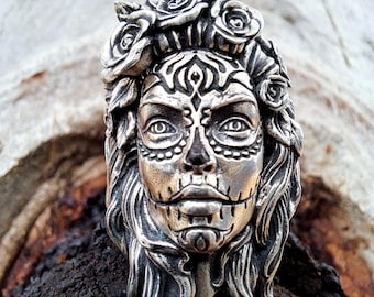 Sterling Silver Rose Sugar Skull Ring: Haunting Catrina Jewelry