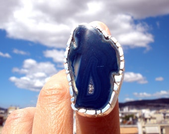 Rohe Blaue Druzy Achat Sterling Silber Statement Ring