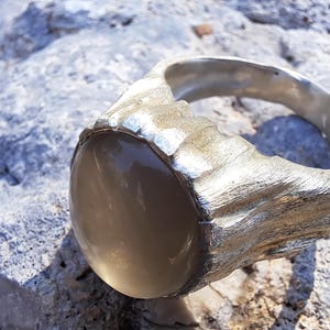 Beige Moonstone Ring, Sterling Silver Raw Textured Ring, Hand Sculpted Band image 14