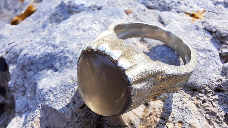 Beige Moonstone Ring, Sterling Silver Raw Textured Ring, Hand Sculpted Band image 14