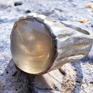 Beige Moonstone Ring, Sterling Silver Raw Textured Ring, Hand Sculpted Band image 15