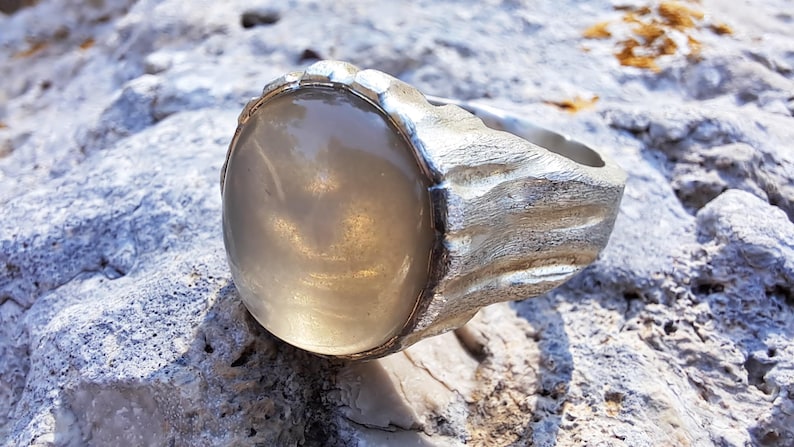 Beige Moonstone Ring, Sterling Silver Raw Textured Ring, Hand Sculpted Band image 15