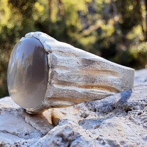 Beige Moonstone Ring, Sterling Silver Raw Textured Ring, Hand Sculpted Band image 9
