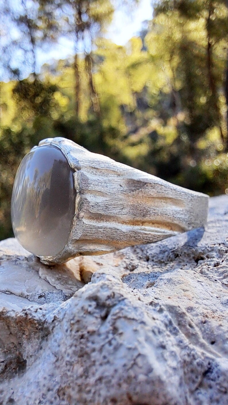 Beige Moonstone Ring, Sterling Silver Raw Textured Ring, Hand Sculpted Band image 9