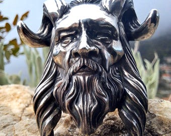 Artisan Heavy Statement Ring, Ancient Greek God, Mythology Pan Faunus Musician Horned Head