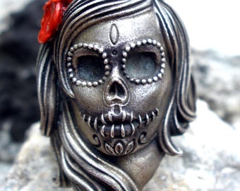 Anillo de calavera de azúcar: Santa Muerte Catrina de plata