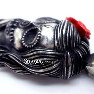 Sugar Skull with Red Rose, Sterling Silver 925 Necklace image 5