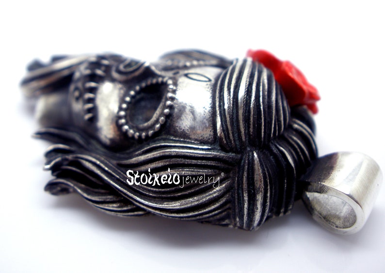 Sugar Skull with Red Rose, Sterling Silver 925 Necklace image 5