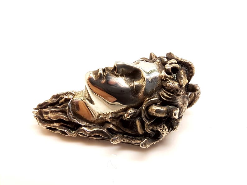 May include: A metallic silver-toned brooch or pendant featuring a sculpted human face in profile. The figure has flowing, textured hair that transitions into intricate, snake-like forms. The surface has a polished, reflective finish on the face.