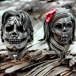 Sugar Skull Male & Female, Alternative Wedding Ring, Couples Rings, Dia De Los Muertos, La Catrina