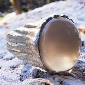 Beige Moonstone Ring, Sterling Silver Raw Textured Ring, Hand Sculpted Band image 11