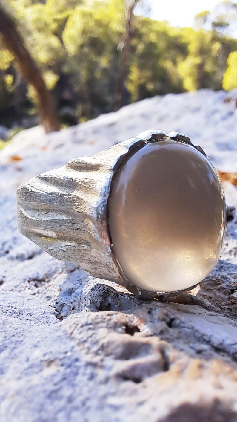 Beige Moonstone Ring, Sterling Silver Raw Textured Ring, Hand Sculpted Band image 11