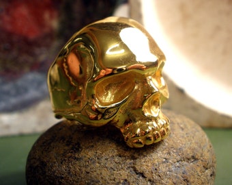 24K Gold Plated Keith Richards Style Ring, Sterling Silver 925 Half Skull Ring