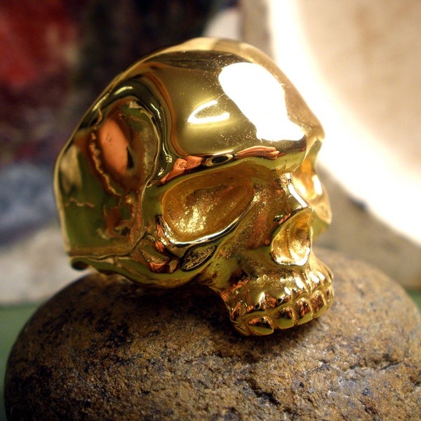 Gold Skull Ring, 24 Karat Gold Plated Sterling Silver Ring, Men's Skull Ring, Gold Keith Richards Skull Ring