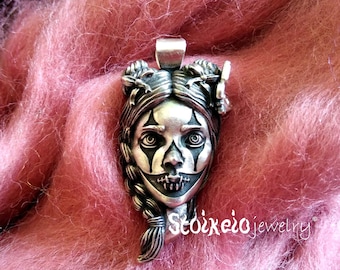 Spooky Pendant, Sterling Silver Necklace, Horror Jewelry, Sugar Skull Girl Pendant
