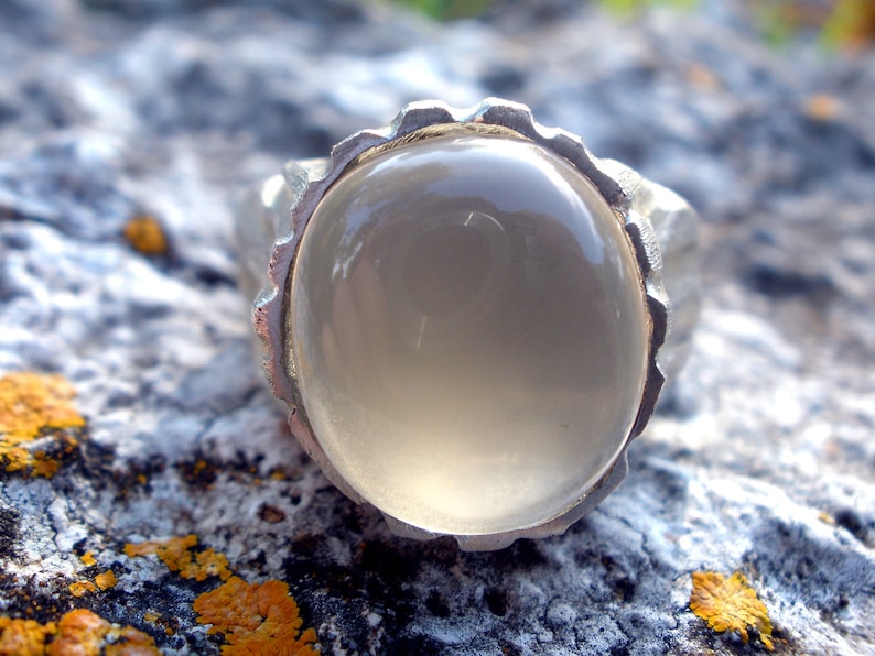 Beige Moonstone Ring, Sterling Silver Raw Textured Ring, Hand Sculpted Band image 8