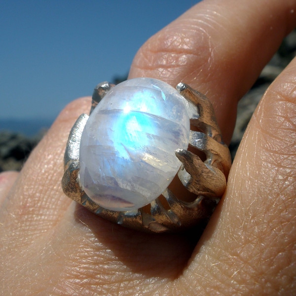 Moonstone Ring - Big Ring - Natural Rainbow Moonstone Ring - Boho Ring - Sterling Silver Ring