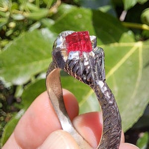 Könnte beinhalten: Ein Silberring mit einem rauen, strukturierten Band und einer Krappenfassung, die einen einzelnen, quadratisch geschliffenen, leuchtend roten Edelstein hält. Die Metalloberfläche des Rings zeigt ein dunkles, oxidiertes Finish mit tiefen Rillen.