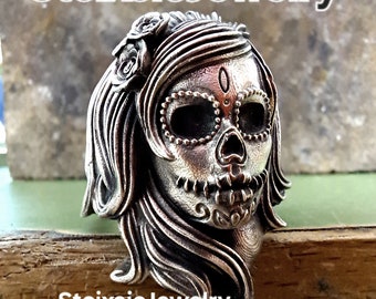 Sugar Skull Ring, Silver Skull, Dia De Los Muertos Sterling
