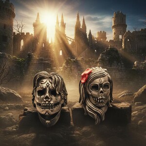 May include: Two silver skull sculptures, one with a red flower, stand before a medieval castle ruin. The skulls have intricate details, including facial features and decorative elements. The background features a sunlit sky and stone structures.
