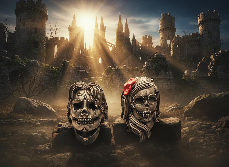 May include: Two silver skull sculptures, one with a red flower, stand before a medieval castle ruin. The skulls have intricate details, including facial features and decorative elements. The background features a sunlit sky and stone structures.