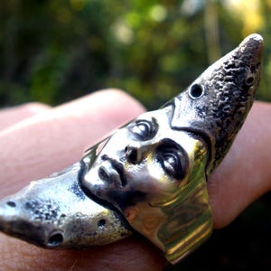 Moon Goddess Ring, Brutalist Crescent Moon Face Jewel