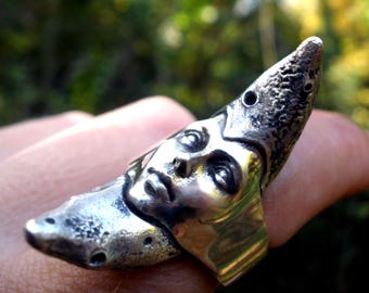 Moon Goddess Ring, Brutalist Crescent Moon Face Jewel
