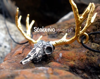 Deer Skull Necklace made of Sterling Silver 925 with Gold Antlers, Gothic Jewelry