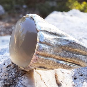 Beige Moonstone Ring, Sterling Silver Raw Textured Ring, Hand Sculpted Band image 13