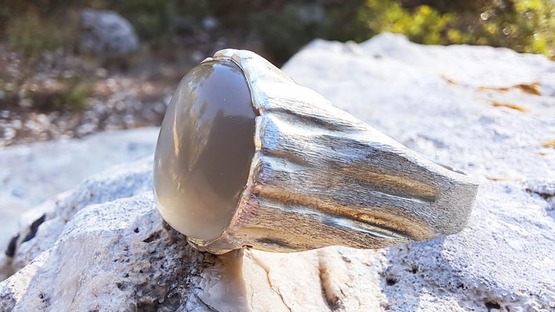 Beige Moonstone Ring, Sterling Silver Raw Textured Ring, Hand Sculpted Band image 13