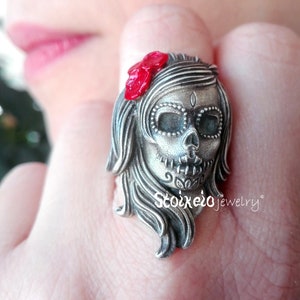 Suikerschedelring, zilveren schedel, Dia De Los Muertos sterlingzilveren ring, Catrina-ring, Calavera-ring, Day Of The Dead