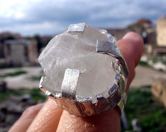 Rough Clear Quartz Chunky Ring, Sterling Silver Big Raw Crystal Ring
